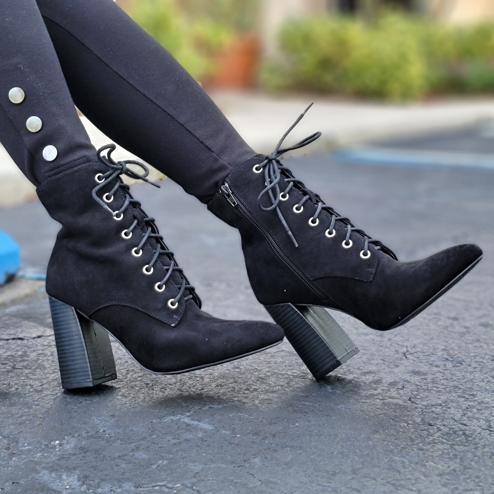 Women's Black Lace up Chunky Block High Heel Booties
